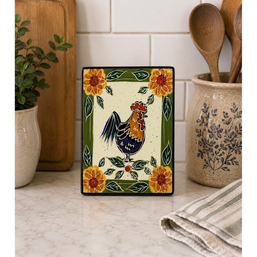 Julie Ueland Enesco Rooster Sunflower Ceramic Trivet Wall Plaque 2001 Vintage‎